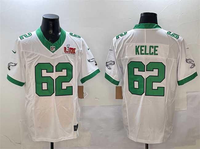 Mens Philadelphia Eagles #62 Jason Kelce White 2025 Super Bowl LIX Patch F.U.S.E. Vapor Untouchable Limited Stitched Jersey